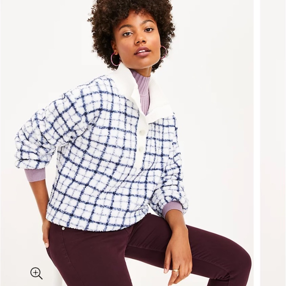 NWT LOFT Plaid Rib Trim Sherpa Sweater